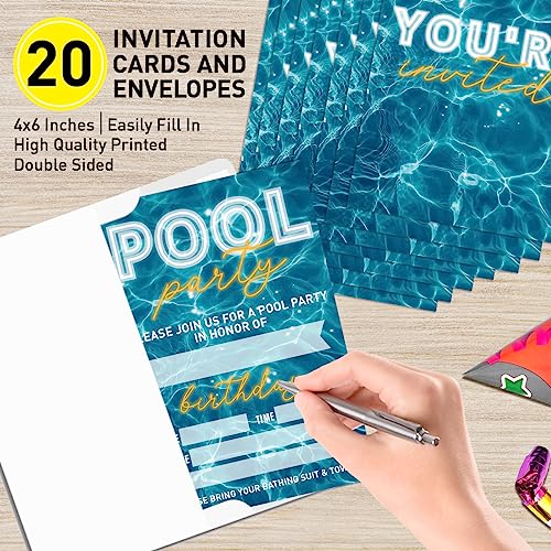 Pool Party Birthday Invitation Cards with Envelopes, 4x6 Inch Set of 20