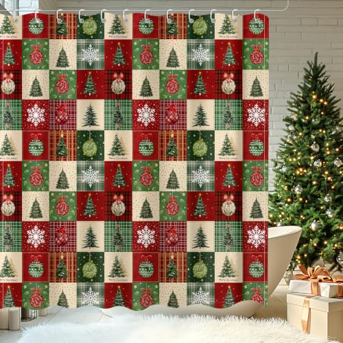 Farmhouse Checkerboard Christmas Shower Curtain Winter Decor 72x72 Inch - Christmas Patchwork