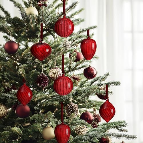 Large Glass Christmas Ornaments Set - Burgundy Holiday Decorations, 12 Pcs