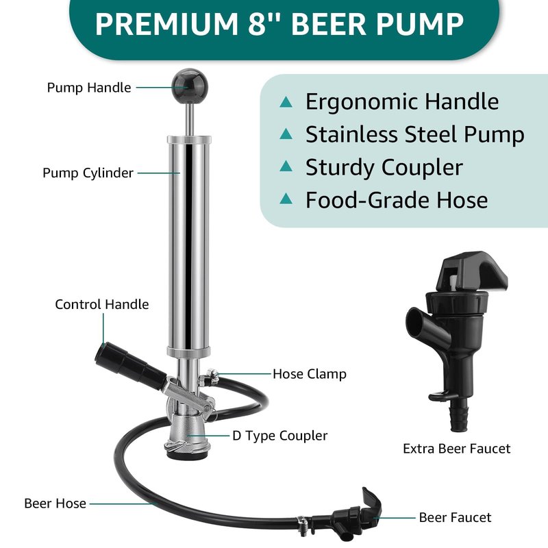 8" Keg Tap Pump - American D-System Beer Keg Tap, Party Beer Keg Hand Pump Tap Kit, Beer Picnic Tap Dispenser for Home Bar, Kegerator Beer Pump with 2 Beer Faucet, Beer Hose and 2 Hose Clamps