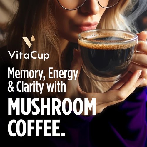 VitaCup Mushroom Instant Coffee | For Memory & Clarity Support | with Fiber, Chaga, Lion’s Mane | D3 & B Vitamins | Medium Roast 100% Arabica & Robusta Instant Coffee | 30 Servings