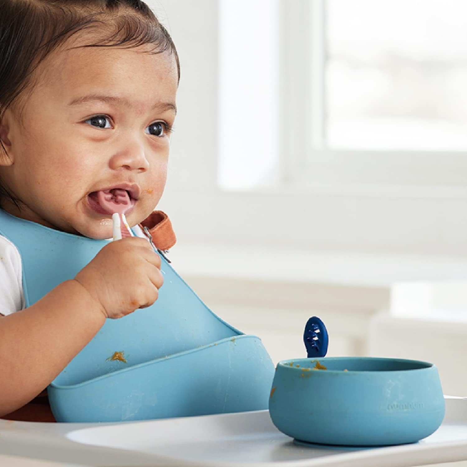 NumNum Baby Bowl & GOOtensils Baby Spoons - Suction Bowls for 4+ Months, BPA-Free Silicone, Dishwasher Safe | Green/Blue