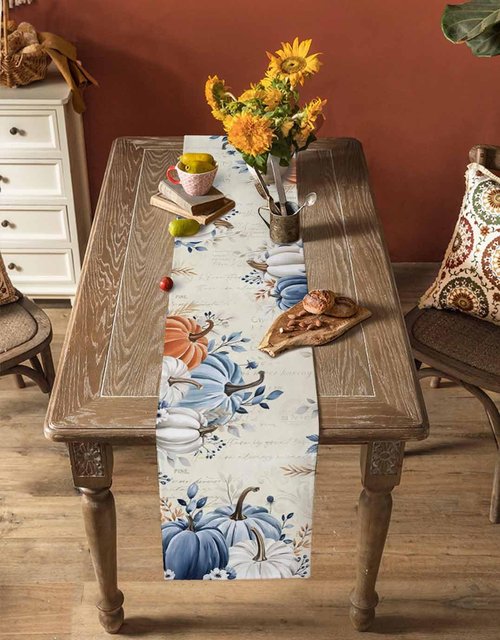 RisQiten Thanksgiving Fall Table Runner - 90 Inch Long Maple Leaf Blue Gray Pumpkin Cotton and Linen Blended Dress Scarves Farmhouse Table Runner for Kitchen Dining, Coffee Table, 13" x 90"