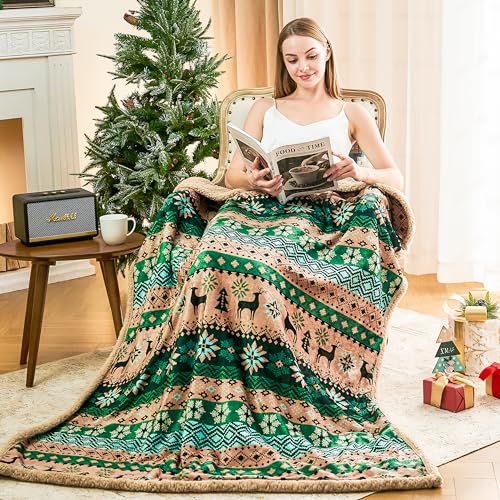 Ramees Christmas Throw Blanket 50x60in Fleece Sherpa Reindeer Snowflakes