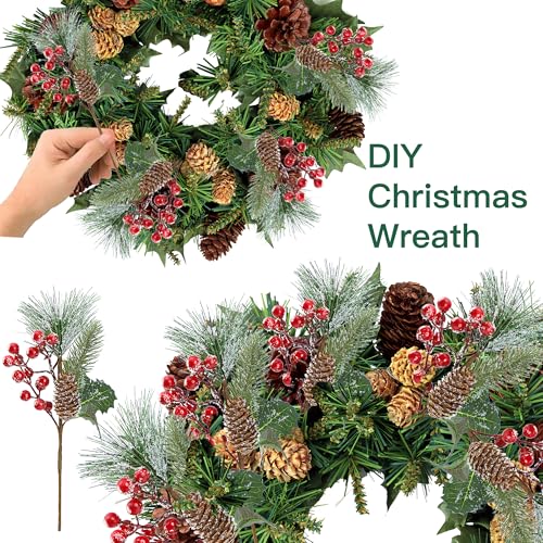Sggvecsy 6 Pack Frosted Christmas Red Berry Pine Branches with Pine Cones - Green Variant