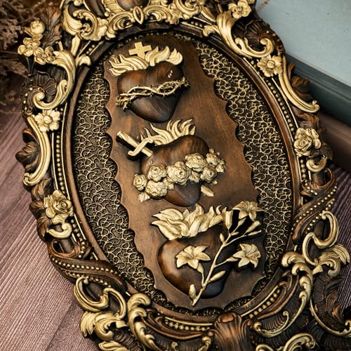 Wooden Three Sacred Hearts Wall Decor — Holy Family Wall Art, 10 Inch, Gold