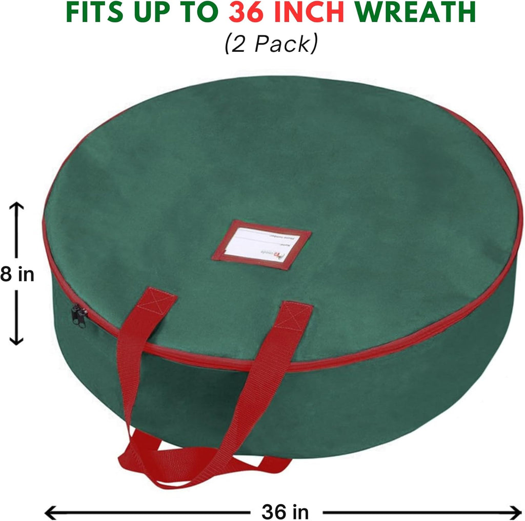 Primode Christmas Wreath Storage Bag - 36" Durable Container for Holiday Wreaths | 2 Pack, Green