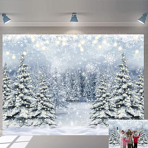 Winter Forest Photography Backdrop 7x5FT Snowy Pine Tree Scene Glitter Scene