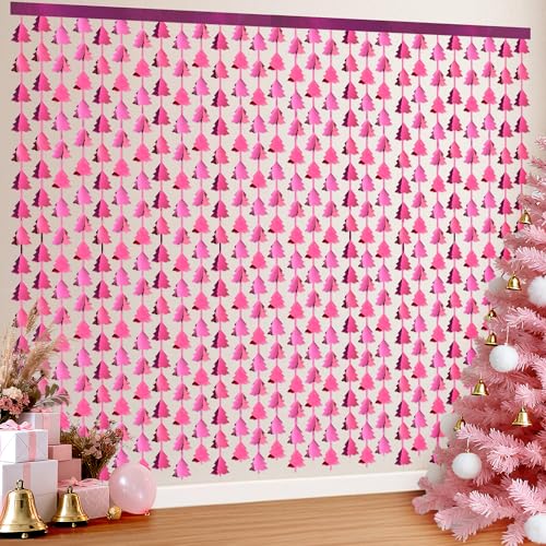 Pink Christmas Foil Fringe Curtain 2-Pack 3.3x6.6ft Backdrop for Photo Booth