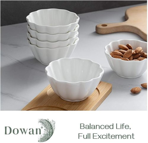 DOWAN Ramekins - 4 oz Flower-Shaped Porcelain Baking Cups | Set of 6 Oven Safe White Custard Bowls