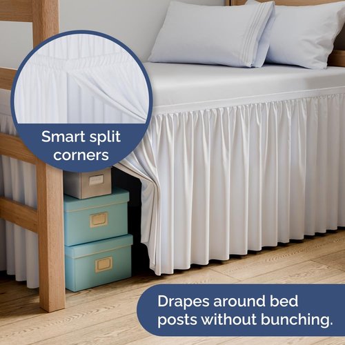 Wrap Around Dorm Room Bed Skirt - For Twin XL Size Beds w/ 34 Inch Drop - Extra Long Dust Ruffled College Bedskirt with Split Corners - Easy Fit Elastic Strap - Adjustable, Fade & Wrinkle Free - White