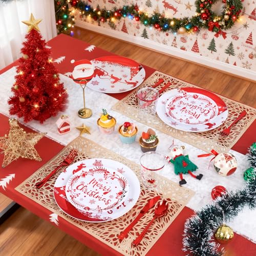 150pcs Red Christmas Plastic Plates Set - Elegant Foil-Stamped Dinnerware + 30 Dinner Plates
