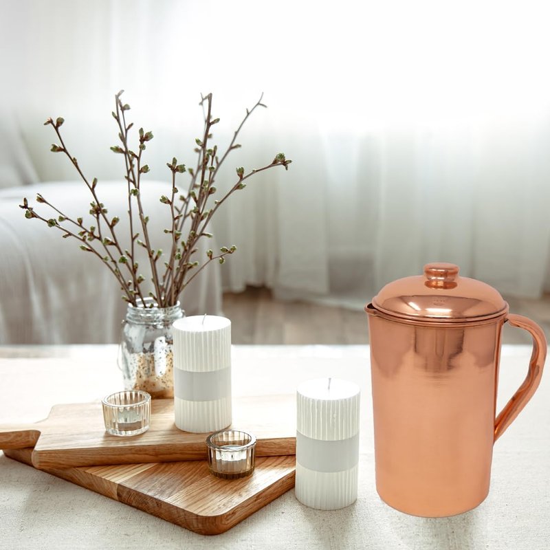 CopperKing Pure Real Copper Metal Carafe Pitcher for Drinking Water With big handle and lid, large size Jug 50oz - 1500ml With 2 Cups Tumbler Glasses Set, Best Ayurvedic Benefit Vessel (Hammered)