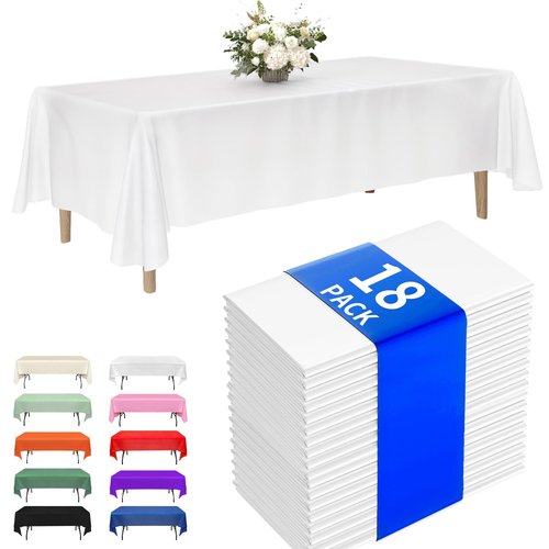 Fixwal White Plastic Table Cloth Disposable 54 x 108 Inch, Waterproof Rectangle Tablecloth 18 Pack for Party, Picnic, Birthday, Wedding