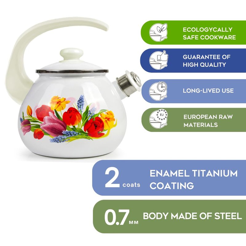 Enamel Kettle with Whistle 2.7 Qt (2.5 L) Stovetop Kettle with Ergonomic Handle, Enameled Steel Tea Pot for Stove Top, Vintage Kitchen Tea Kettle, Dishwasher and Induction Safe (Spring Bouquet)
