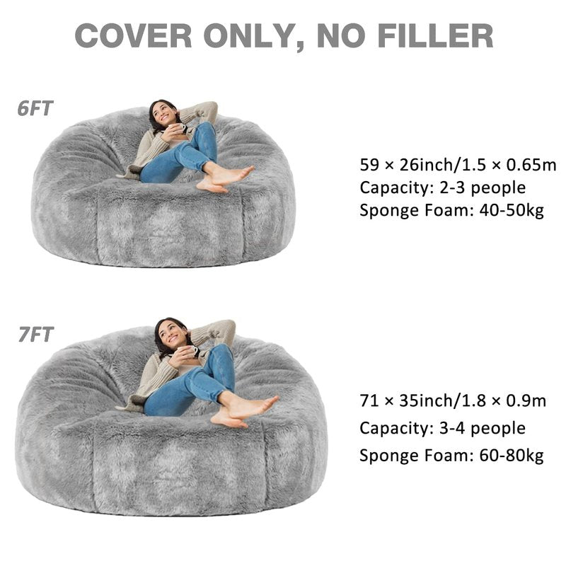 (No Filler) 6FT Giant Bean Bag Chair Cover Soft Faux RH Fur Sofa Bed Washable Bean Bag Couch Cover for Adult and Kids with Liner