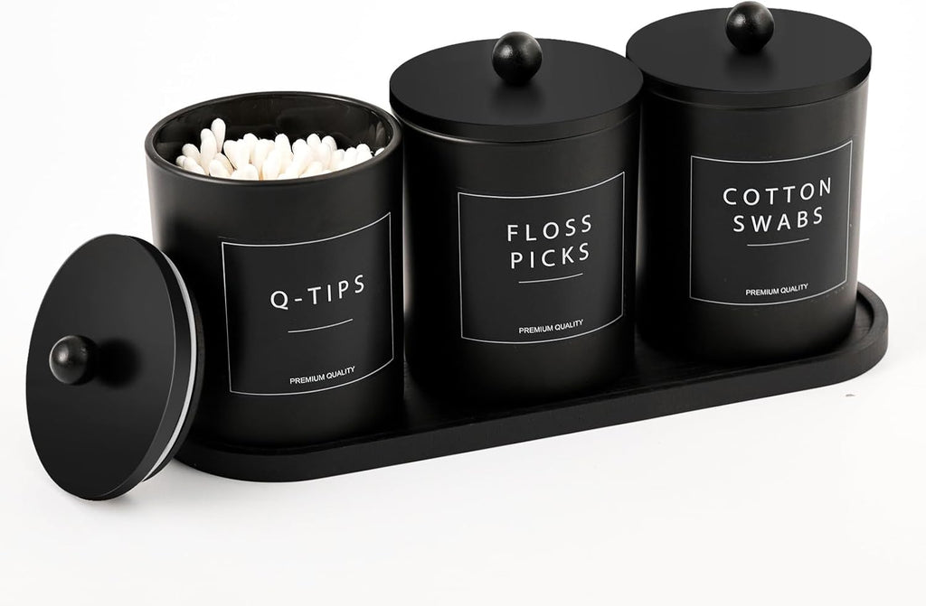 Skiennix Glass Qtip Holder - Elegant Black Cotton Round Dispenser with Bamboo Tray | Set of 3