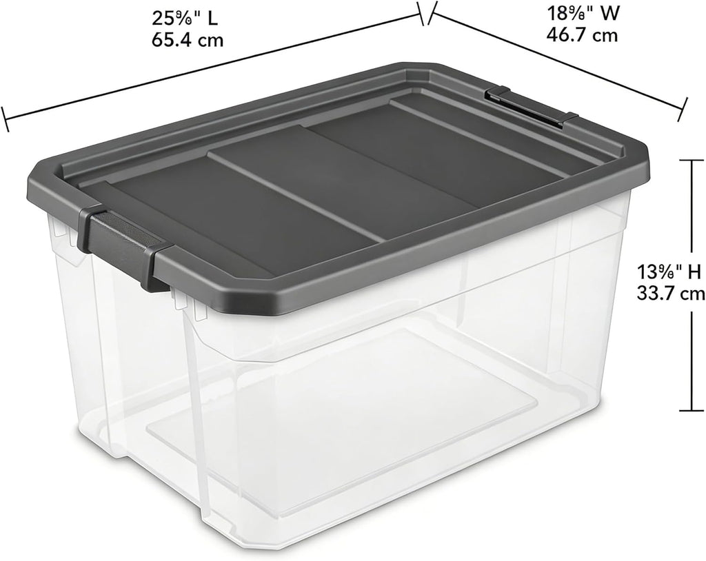 Stacker Box 76 Quart - Heavy-Duty Clear Plastic Storage Bin with Secure Latch Lid | Dark Gray