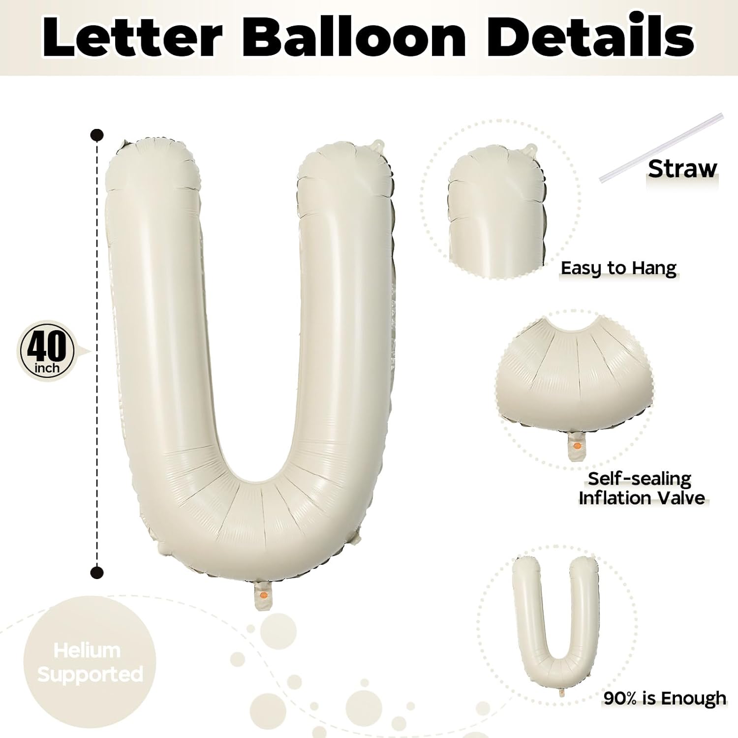 Big Letters Balloon U - 40 Inch Cream White Sand Helium Mylar Alphabet for Custom Name Decor | Perfect for Birthday Parties & Baby Showers