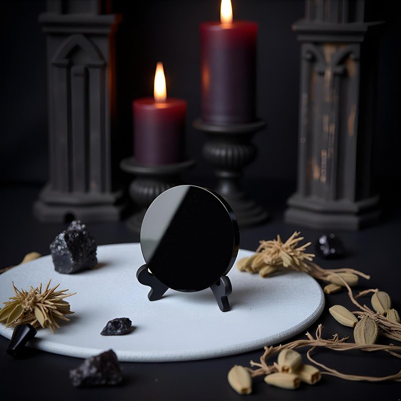JIEXUAN Black Obsidian Scrying Mirror, Black Obsidian Circle Disc Feng Shui Mirror with Stand, Home Desk Decor Crafts (15cm)