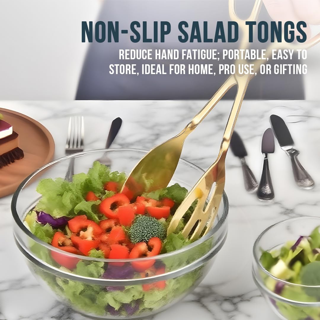 Salad Tongs - Premium Stainless Steel Scissor-Style Servers | Non-Toxic, Heat-Resistant, Dishwasher Safe (Gold) - 2 Pack