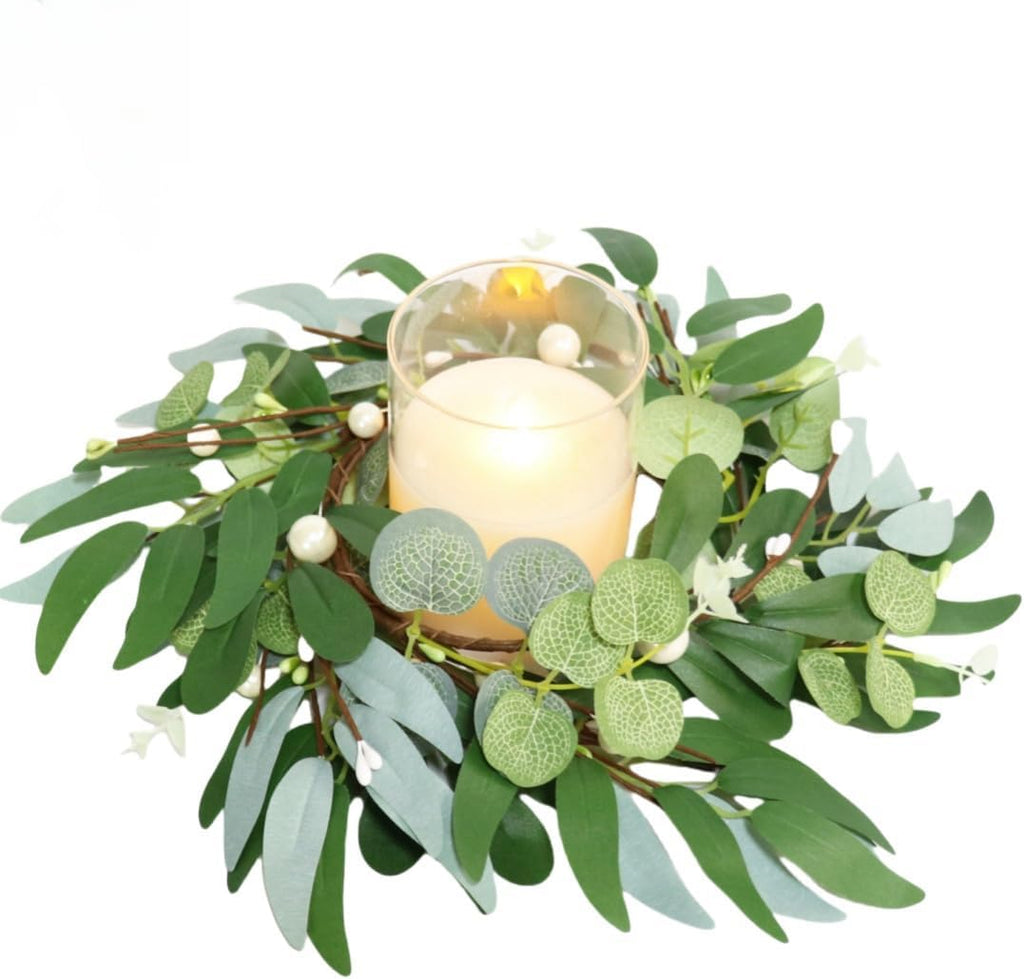 Skiennix 4-Inch Greenery Candle Rings - Artificial Eucalyptus Wreaths with Pearl Berries for Home Decor | 2 Pack