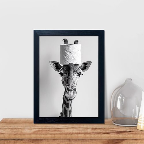 Funny Animal Wall Art - Giraffe with Toilet Paper Roll | Black and White Framed Canvas Decor