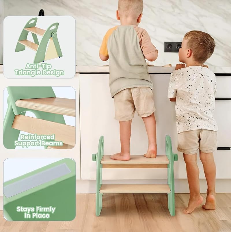Foldable 2-Step Bamboo Stool for Toddlers with Handles and Non-Slip Pads