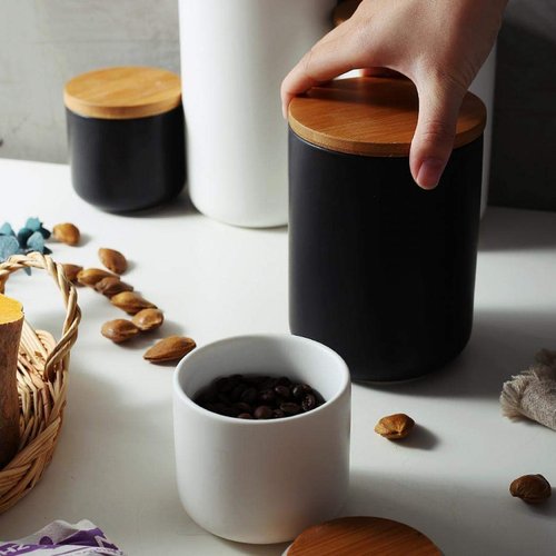 Ceramic Food Storage Jar Canister Modern Design Food Canisters with Airtight Seal Bamboo Lid, Loose Tea Coffee Spice Nuts Snacks Storage Jar Canister (White 7.03oz/200ml)