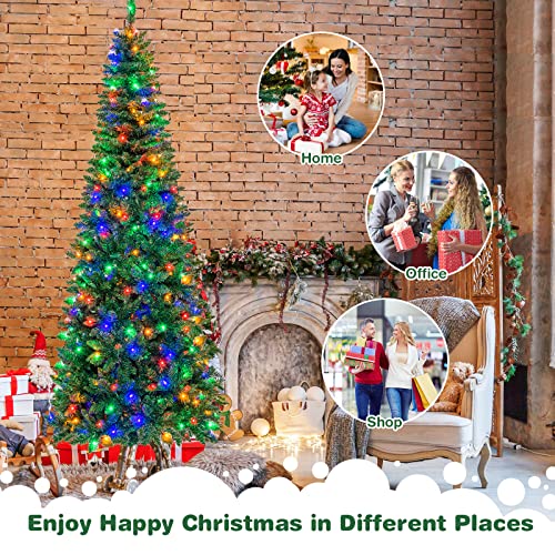 7.5FT Prelit Pencil Christmas Tree, Slim Hinged Fir Tree with 350 LED Lights