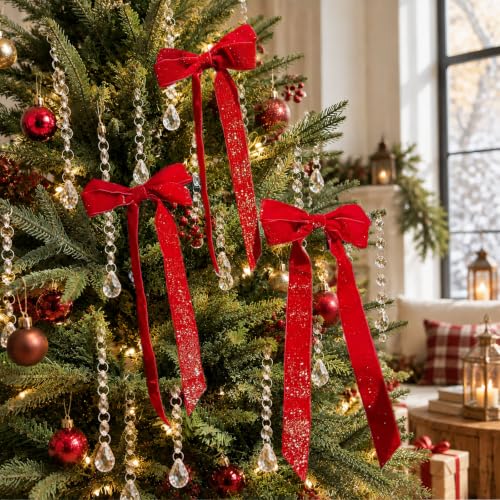 Red Velvet Ribbon Bows for Christmas Decorations, Gold Threaded, 12Pcs