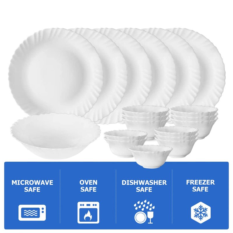 Borosil Gourmet Dinnerware Set For 6, 19 Pieces, White Dinner Plates and Bowls Sets, Chip Resistant Tempered Opal Glass, Stain Resistant, Dishwasher & Microwave Safe Dinner Set For Gifting, Serves 6