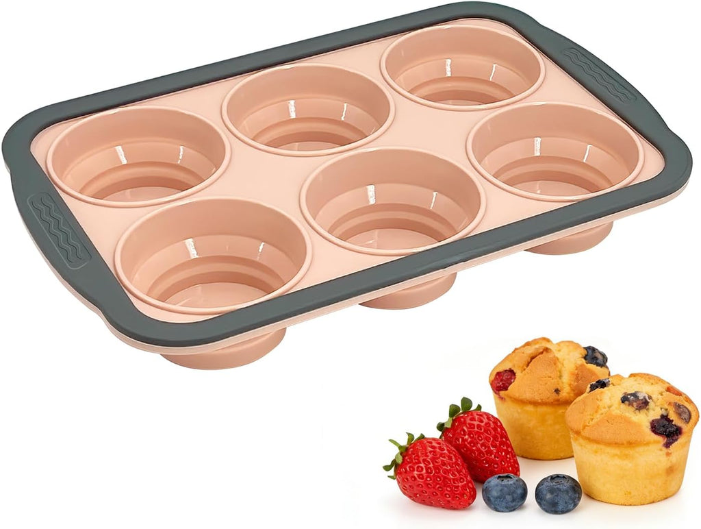 Skiennix Silicone Muffin Pan - 6-Cup Nonstick Baking Mold with Metal Frame | Easy Release & Dishwasher Safe (Pink)