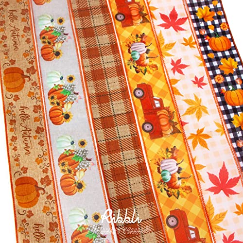 Ribbli Fall Ribbon, 6 Rolls Wired 2.5 in x 90 ft — Autumn Plaid & Maple Leaves Decorating Ribbon