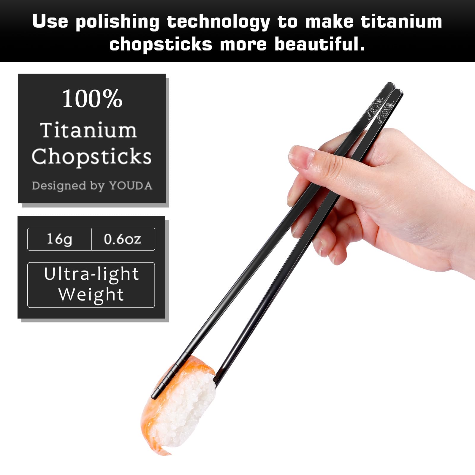 Youda 99.8% Pure TITANIUM Chopsticks Ultralight and Reusable Chopsticks for Camping, Home, Travel (2 Pairs)