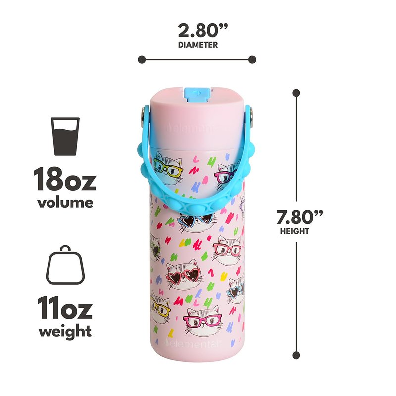 Elemental Insulated Kids Water Bottle, Stainless Steel Water Bottle with Straw Lid & Pop-It Handle, Leak-Proof Water Bottles for School, Boys or Girls, Travelling and Sports, 18oz - Stylish Cat