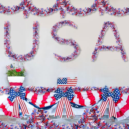 Patriotic Red White & Blue Tinsel Garland with American Flags - 4 Pack