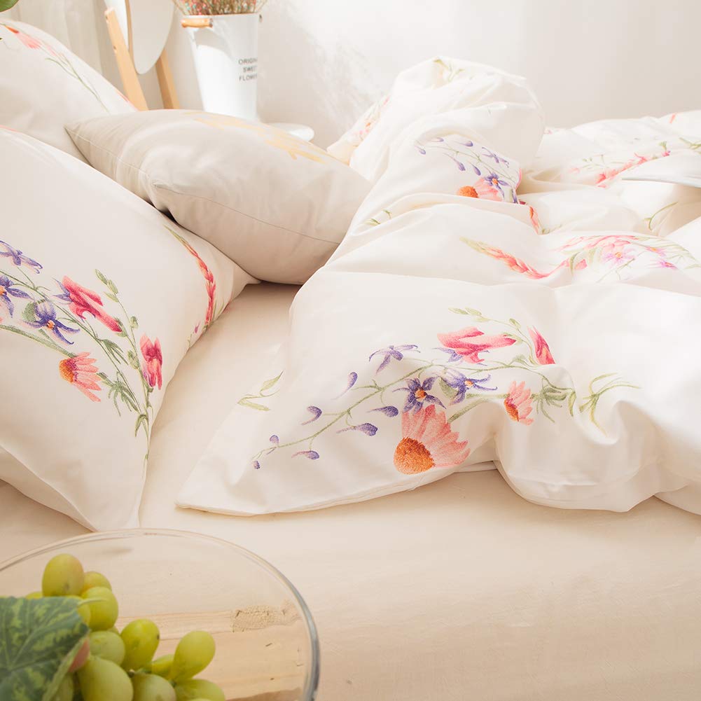 Merryword Botanical Floral Comforter Set Pink Flowers Comforter Set Pink Lavender Flowers Printed Soft Microfiber Pastoral Style Bedding Queen 1 Comforter 2 Pillowcases (Queen, Offwhite)