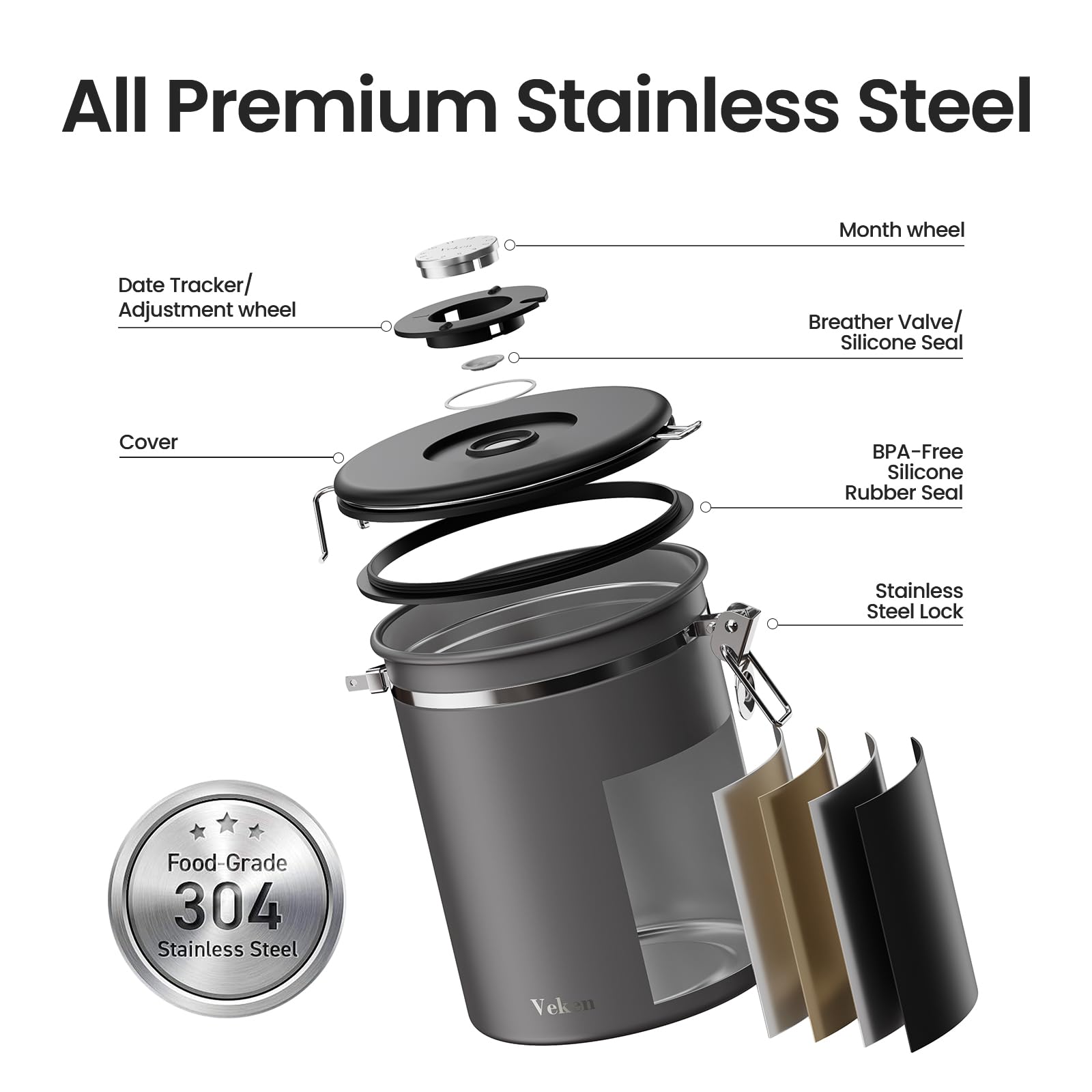 Veken Coffee Canister, Airtight Stainless Steel Kitchen Food Storage Container with Date Tracker and Scoop for Grounds Coffee, Beans, Tea, Flour, Cereal, Sugar, 22OZ, Gray