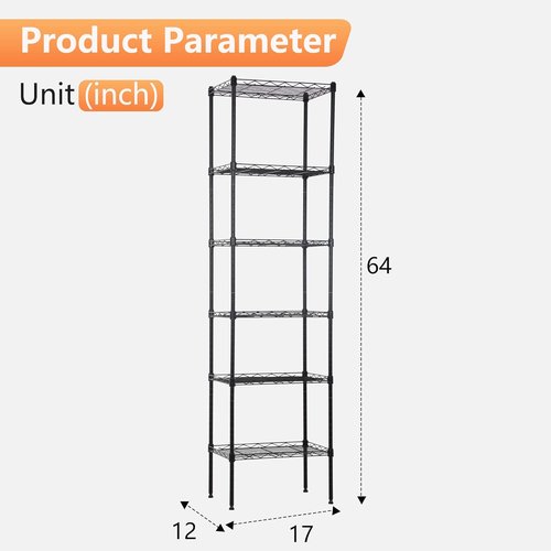 FDW 6-Tier Wire Shelving Unit - Adjustable Metal Pantry Storage Rack for Kitchen & Garage | Black 17"L x 12"W x 64"H