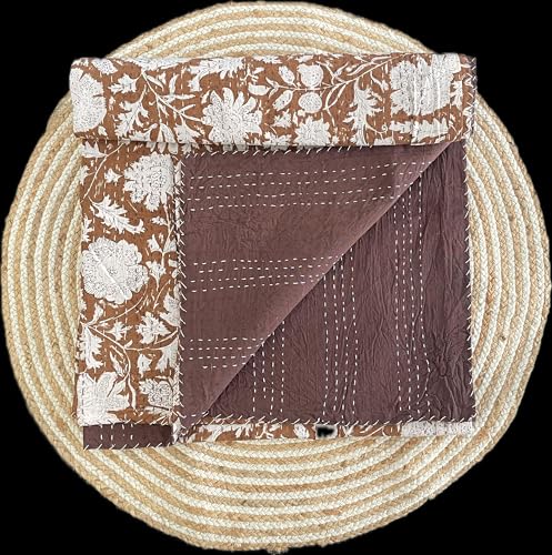 Handmade Kantha Quilt - Floral Cotton Throw Blanket, 108x108