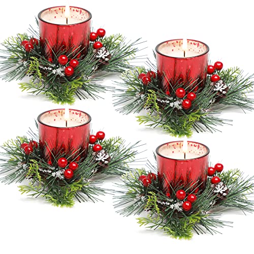 Christmas Candle Rings with Soy Votive Candles - Set of 4 Red Berry Centerpiece