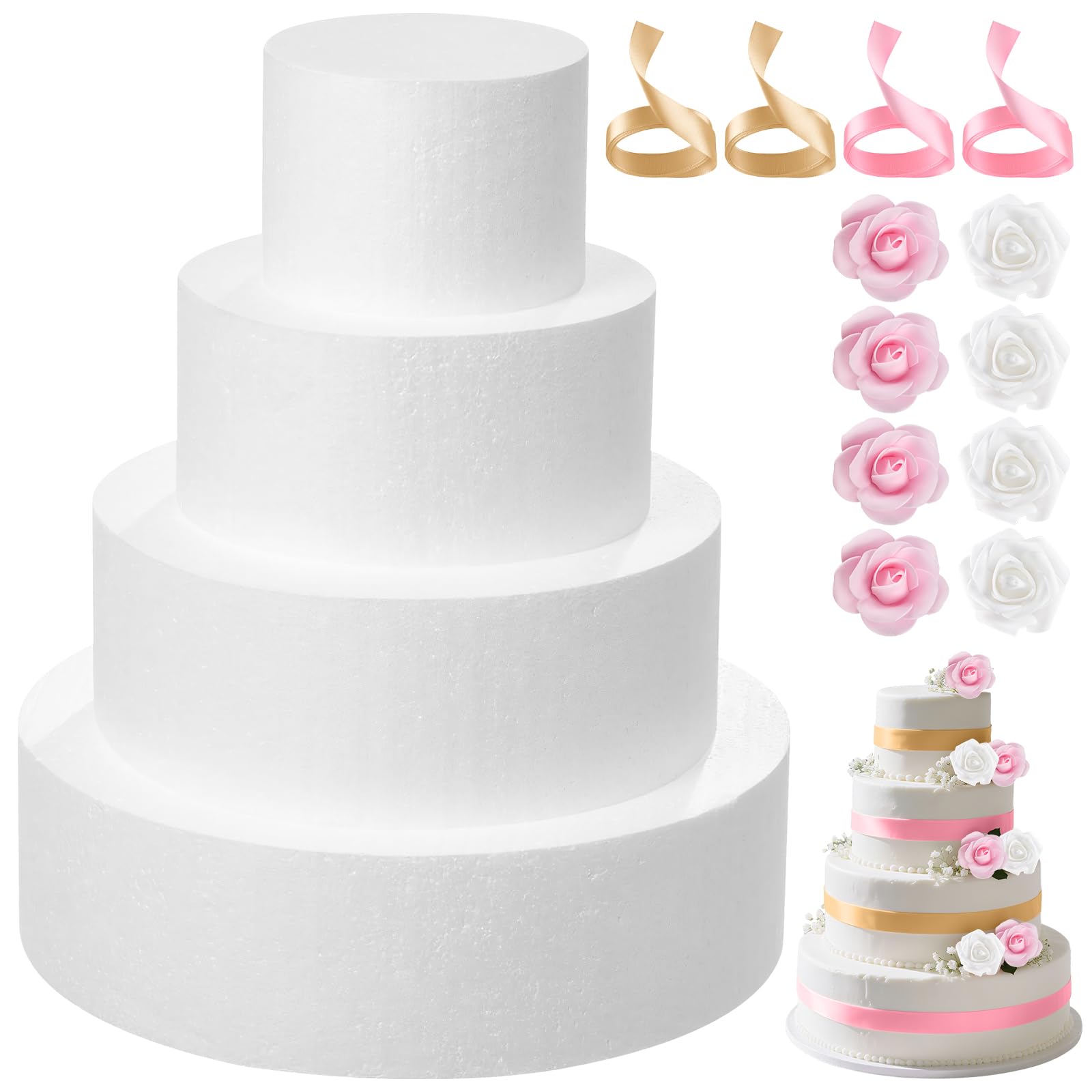4 Tiers Foam Cake Dummies Set 4" 6" 8" 10", PLULON White Round Practice Cake Dummy 12 Inch Tall with Artificial Roses and Ribbons for Wedding Baby Shower Birthday Anniversary Christmas Party Supplies