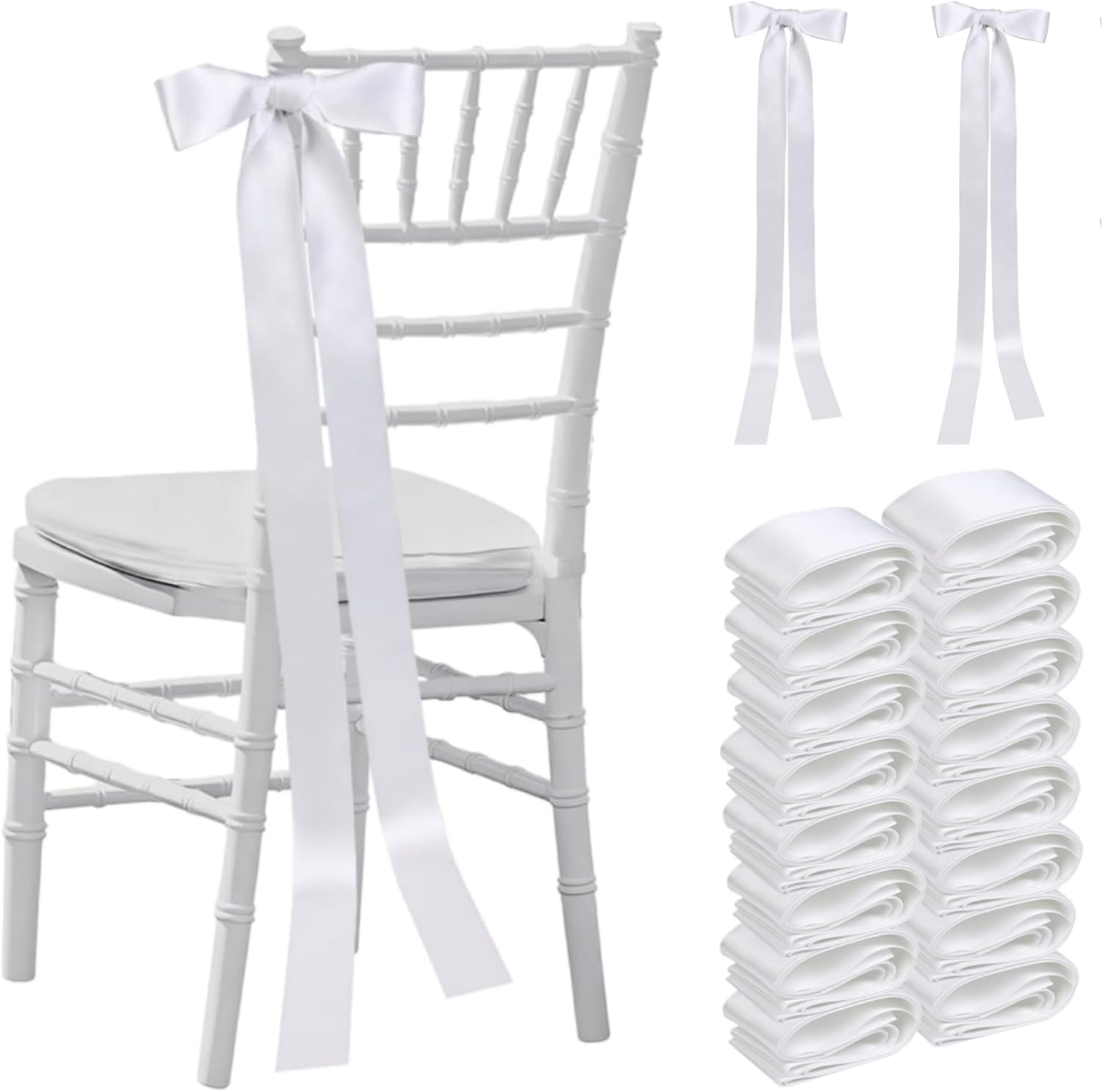 Skiennix 30 Pcs Satin Chair Ribbons - 90.55x1.96 Inch White Sashes for Wedding Aisle Decor