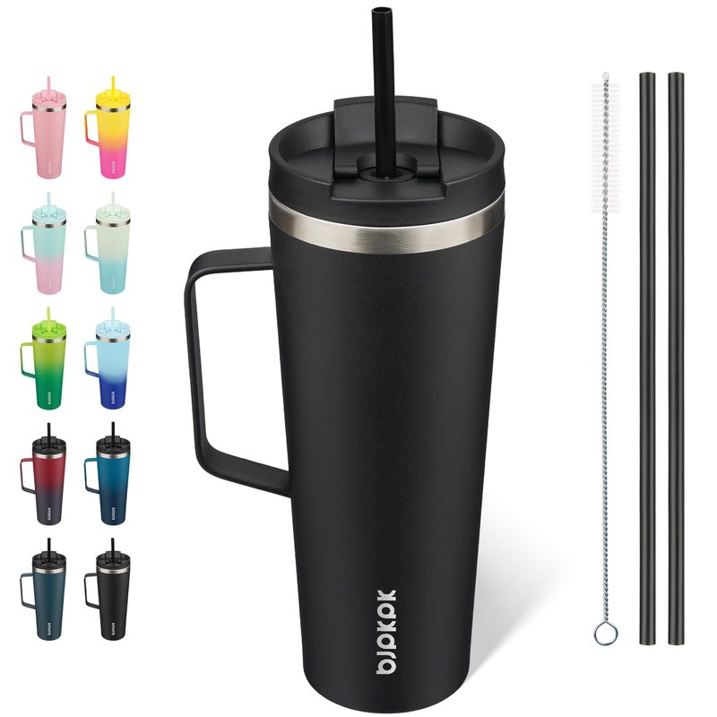 BJPKPK Insulated Tumbler with Handle, 26oz Insulated Tumblers with Lid and Straw, Stainless Steel Metal Water Bottles, Coffee Travel Mugs, Cups, Black