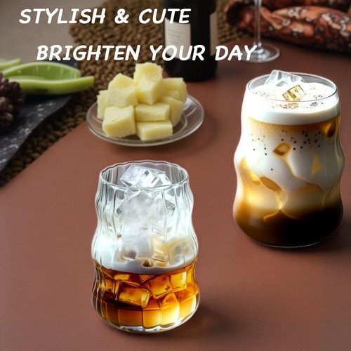 TANMESSO 2 Pcs Ribbed Glass Cups, 18oz Vintage Ripple Drinking Glasses Glassware for Iced Coffee, Juice, Milk, Cocktails, Water, Cold Beverages