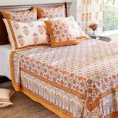Lightweight Orange Cotton Bedspread - Hand Block Printed Floral Comforter 90x90 inches