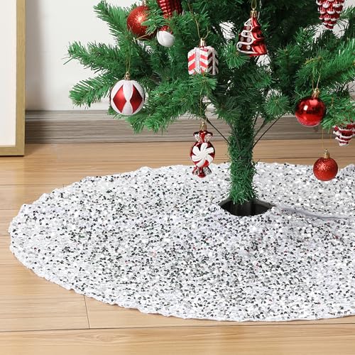 Silver Sequin Christmas Tree Skirt 24 Inch - Small Sparkly Holiday Decor