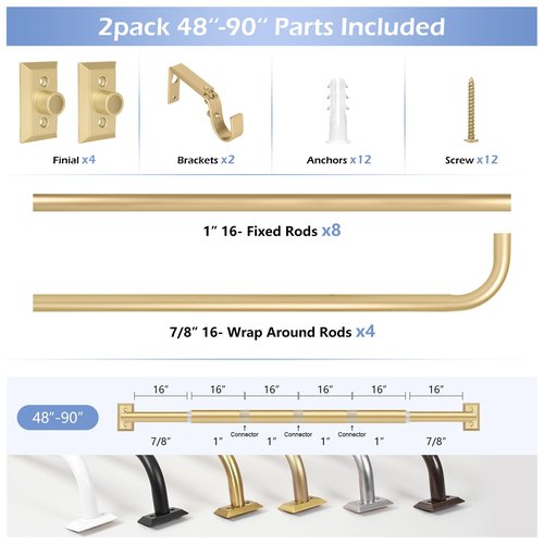 TANGWIN Gold Wrap Around Curtain Rods 2 Pack:Blackout Heavy Duty Adjustable Window Curtain Rod Room Darkening,Modern Industrial Curved French Return Metal Drapery Rods Easy Install,Brass Gold 48-90"