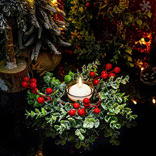 12-Piece Christmas Candle Rings with Glass Holders - Red Berry Wreaths